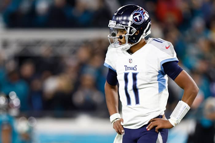 Tennessee Titans quarterback Joshua Dobbs (11) reacts after giving up a fumble for a touchdown to Jacksonville Jaguars linebacker Josh Allen (41) during the fourth quarter at TIAA Bank Field.